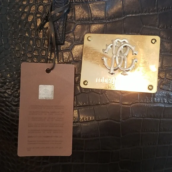 Roberto Cavalli NWT Women's Navy Blue Leather Snake Tote Handbag - Picture 2 of 6